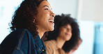 University, student and woman in classroom, funny and development with research for project. People, assignment and happy girl with exam tips, college and learning with humor, education and laughing
