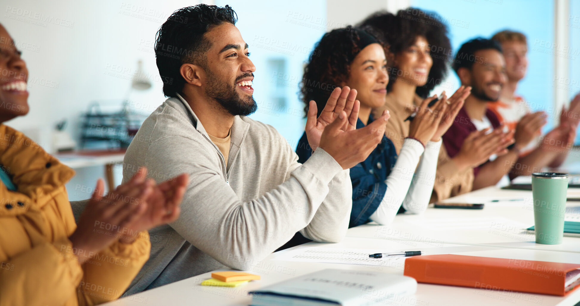 Buy stock photo Applause, creative team and business people in meeting for company goals, achievement and success. Startup agency, office and workers clapping hands for support, bonus and collaboration in workshop