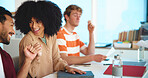 University, fist bump and students in classroom, smile and learning with cooperation. People, men and women with happiness, partnership and college with assignment, hand gesture and studying for exam