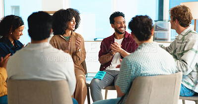 Buy stock photo Happy people, support group and meeting with applause for thank you or congratulations in office. Excited, team or employees clapping with smile for social gathering, counseling or therapy recovery