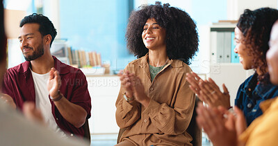Buy stock photo Excited people, support group and meeting with applause for congratulations, thank you or well done. Happy, team or employees clapping with smile for promotion, bonus or winning together in workplace