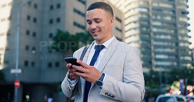 Buy stock photo Man, phone and happy on business trip in city with contact, chat and click for booking taxi on commute. Person, smile and smartphone in urban town with mobile app, scroll or travel in Colombia