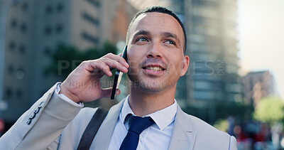 Buy stock photo Phone call, business and man with conversation, outdoor and accounting with contact, networking and app. Investment feedback, person and financial agent in street and communication in New York