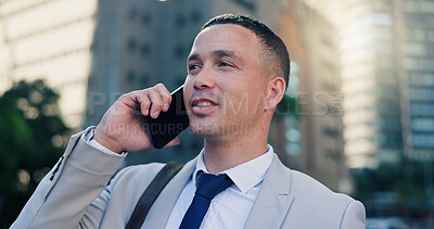 Buy stock photo Phone call, business and man in city, conversation and start day with contact, networking and accounting. Mission goals, person and financial agent in street, urban town and communication in New York