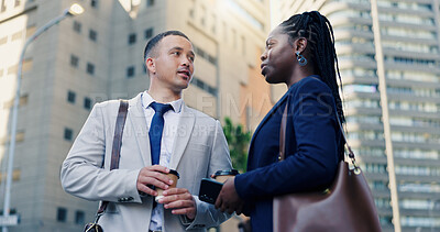 Buy stock photo Colleagues, talking and travel to work, city and conversation for case with coffee or collaboration. Outdoor, attorney and people with latte on street, low angle and discussion for trial or commuting