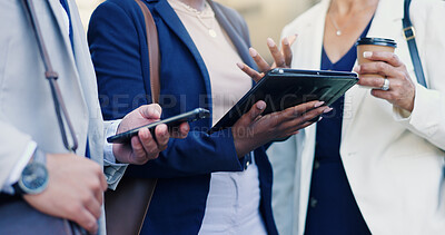 Buy stock photo Hands, teamwork and technology with business people in city together for meeting or planning. Coffee, phone and tablet with employee group outdoor in urban town for collaboration or development