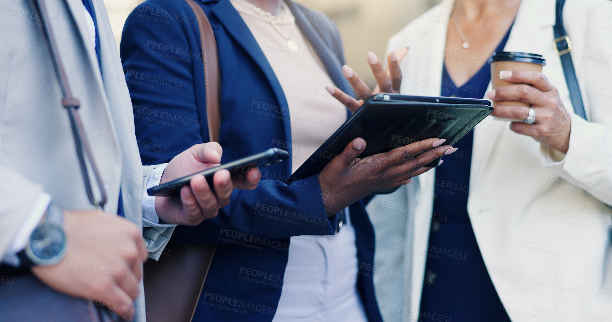 Buy stock photo Hands, teamwork and technology with business people in city together for meeting or planning. Coffee, phone and tablet with employee group outdoor in urban town for collaboration or development