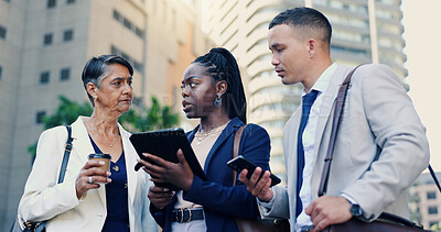 Buy stock photo Tablet, conversation and business people in city, teamwork and worry with inflation news. Group, financial agency and employees in street, fintech and stress with investment report or risk management