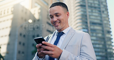 Buy stock photo Man, smartphone and happy on business trip in city with contact, chat and low angle for booking taxi on commute. Person, smile and phone in urban town with mobile app, scroll or travel in Colombia