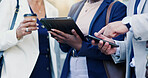 Collaboration, hands and technology with business people in city together for meeting or planning. Coffee, phone and tablet with employee team outdoor in urban town for communication or development