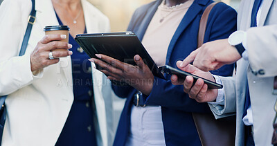 Buy stock photo Collaboration, hands and technology with business people in city together for meeting or planning. Coffee, phone and tablet with employee team outdoor in urban town for communication or development