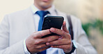 Hands, phone and business person in office for email, text or message for finance update. Mobile, man and worker with app for communication, research or investment for corporate networking online