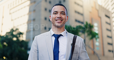 Buy stock photo City, justice and smile with portrait man on street for commute to court for legal representation. Happy, law firm and trust with lawyer outdoor in urban town for travel to trial as consultant
