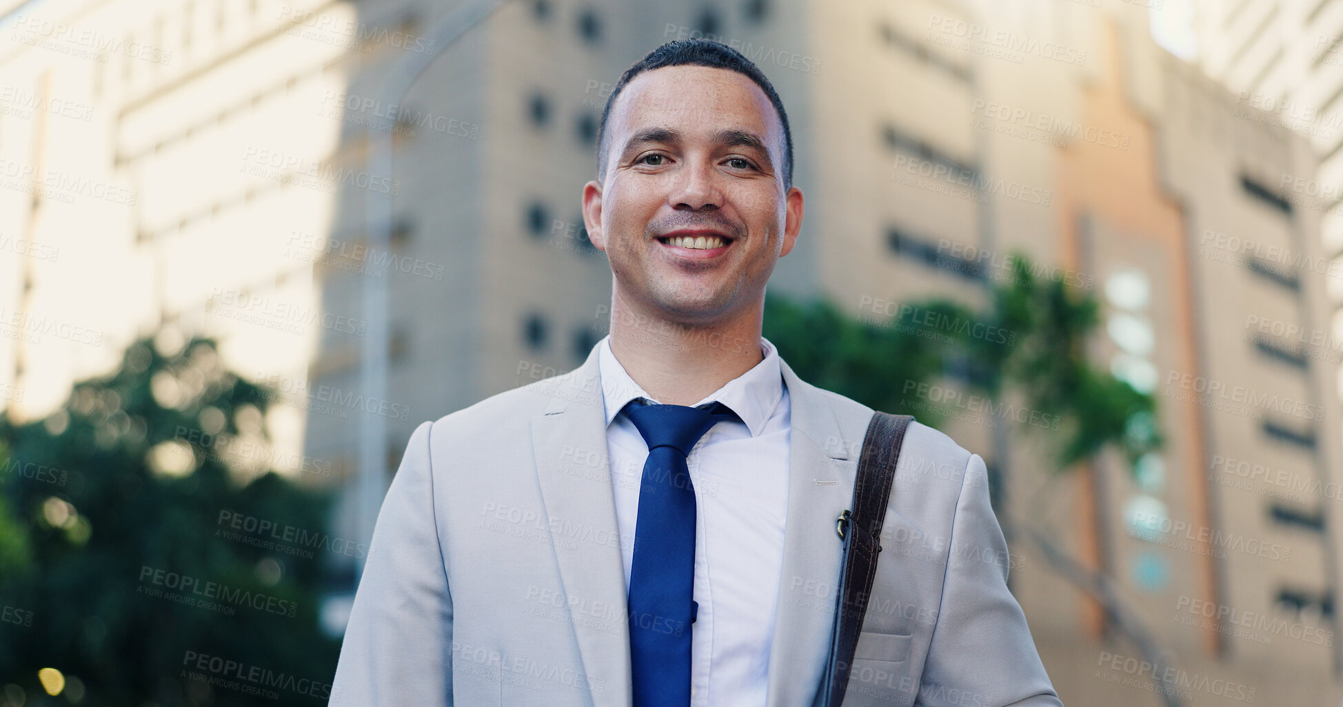 Buy stock photo City, justice and smile with portrait man on street for commute to court for legal representation. Happy, law firm and trust with lawyer outdoor in urban town for travel to trial as consultant