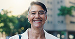 City, portrait and smile of lawyer woman on street for commute to court for legal representation. Justice, law and trust with mature attorney outdoor in urban town for travel to trial as consultant