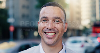 Buy stock photo City, portrait and smile of lawyer man on street for commute to court for legal representation. Law firm, justice and trust with happy attorney outdoor in urban town for professional travel.