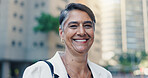 City, justice and portrait of lawyer woman on street for commute to court as legal counsel. Law firm, smile and trust with mature attorney outdoor in urban town for travel to trial as consultant