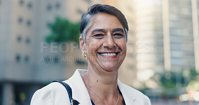 Buy stock photo City, justice and portrait of lawyer woman on street for commute to court as legal counsel. Law firm, smile and trust with mature attorney outdoor in urban town for travel to trial as consultant