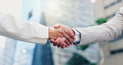 Buy stock photo Handshake, closeup and business people with partnership, outdoor or meeting with investment agency. Employees, b2b deal and financial consultant with cooperation, shaking hands and trading agreement