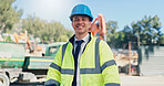 Man, architect and happy at construction site, portrait or pride for urban infrastructure development. Person, technician or engineer with smile, helmet and outdoor for property expansion in Mexico
