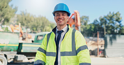 Buy stock photo Man, architect and happy at construction site, portrait or pride for urban infrastructure development. Person, technician or engineer with smile, helmet and outdoor for property expansion in Mexico