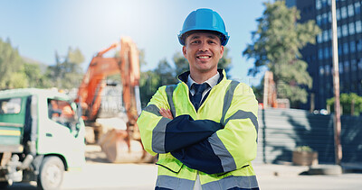 Buy stock photo Man, architect and arms crossed at construction site, portrait or pride for urban infrastructure development. Person, technician or engineer with smile, helmet or property expansion project in Mexico