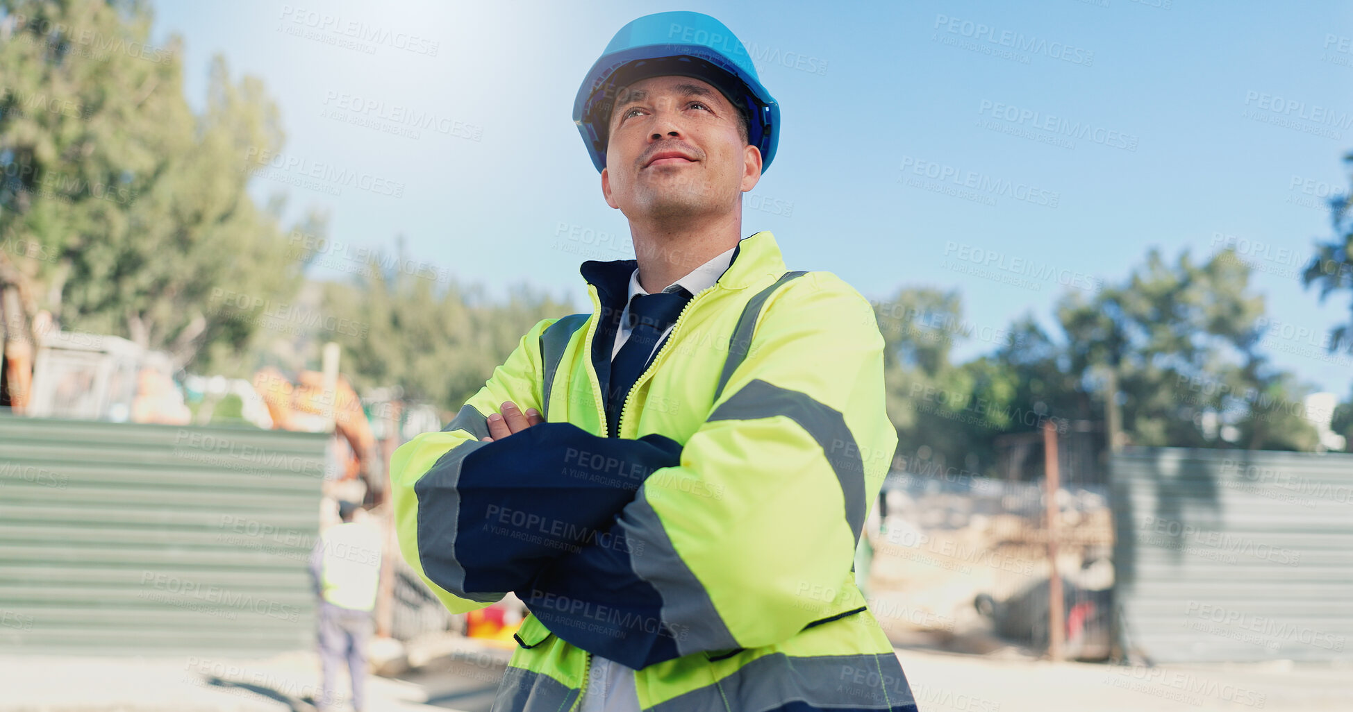 Buy stock photo Architect, man and thinking at construction site, arms crossed and inspiration for building project. Person, engineer and contractor with property expansion, renovation and happy with perspective