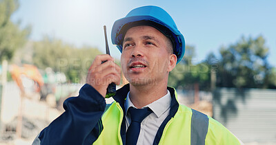 Buy stock photo Man, engineer and radio for inspection at construction site with talk, report or property expansion. Person, architect and communication for real estate development, safety check or contact in Mexico