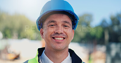 Buy stock photo Man, architect and happy at construction site, portrait or pride for career with urban infrastructure. Person, technician or engineer with smile, helmet or property expansion project in Colombia