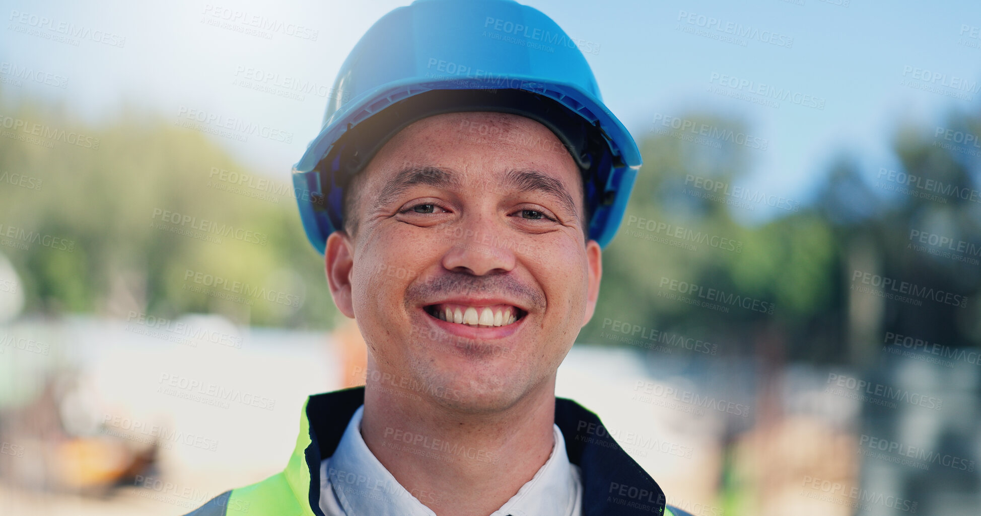 Buy stock photo Man, architect and happy at construction site, portrait or pride for career with urban infrastructure. Person, technician or engineer with smile, helmet or property expansion project in Colombia