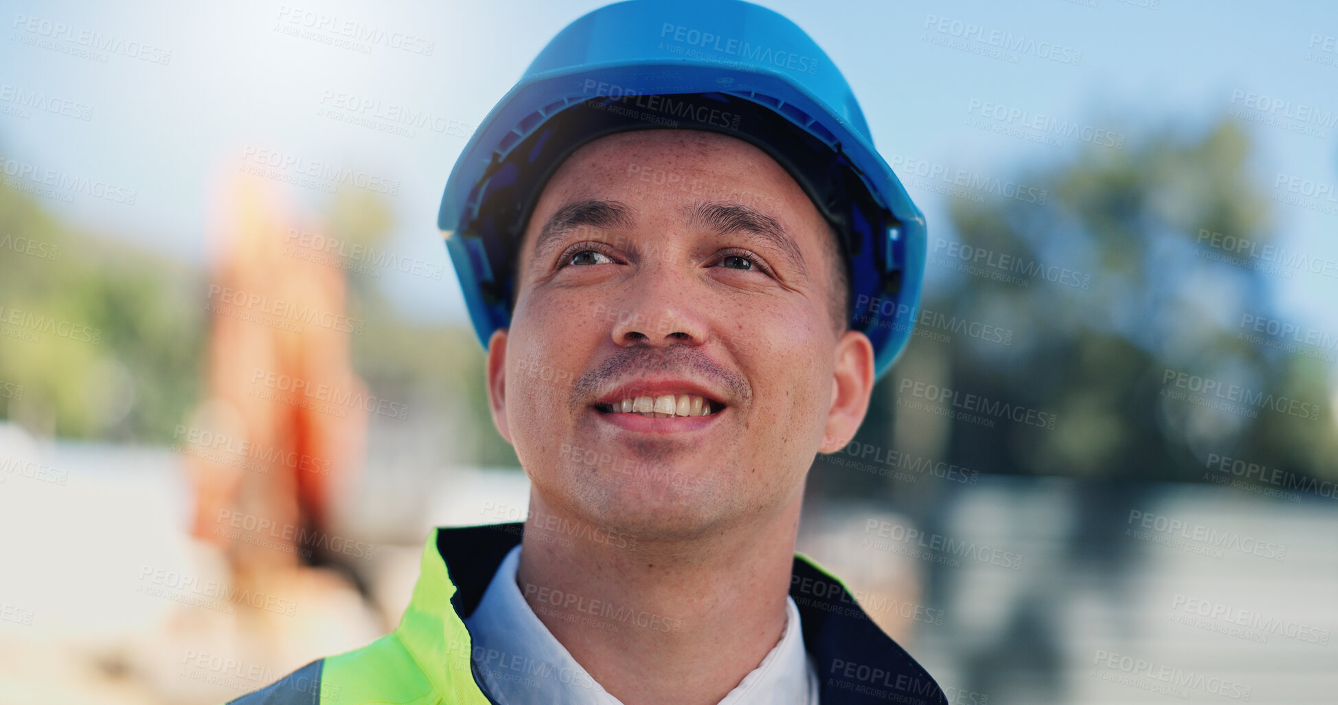 Buy stock photo Architect, man and thinking at construction site, happy and outdoor with inspiration for building project. Person, engineer and contractor with property expansion, decision and perspective in Mexico
