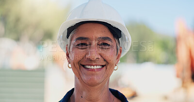 Buy stock photo Architecture, portrait and smile of construction worker woman outdoor for civil engineering. Development, industry and project management with mature contractor person on building site for renovation