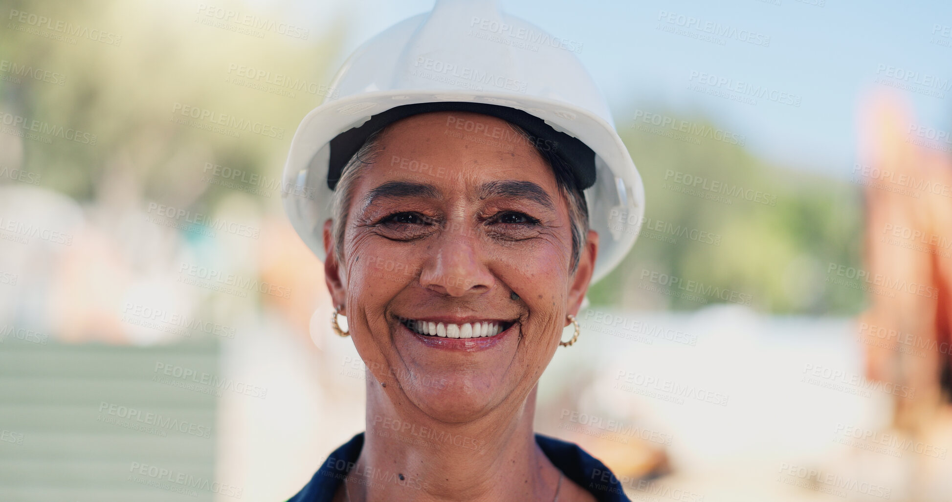 Buy stock photo Architecture, portrait and smile of construction worker woman outdoor for civil engineering. Development, industry and project management with mature contractor person on building site for renovation