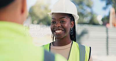 Buy stock photo Woman, engineer and discussion at construction site with smile for, update and property development. Person, architect and technician with talk, happy or feedback for real estate expansion