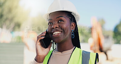 Buy stock photo Black woman, engineer and phone call at construction site with smile, talk and inspection for property development. African person, architect and smartphone for contact, happy or real estate in Kenya