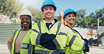 Architect, team and arms crossed at construction site, portrait or pride for urban infrastructure development. People, technician or engineer with smile, group and project for property expansion