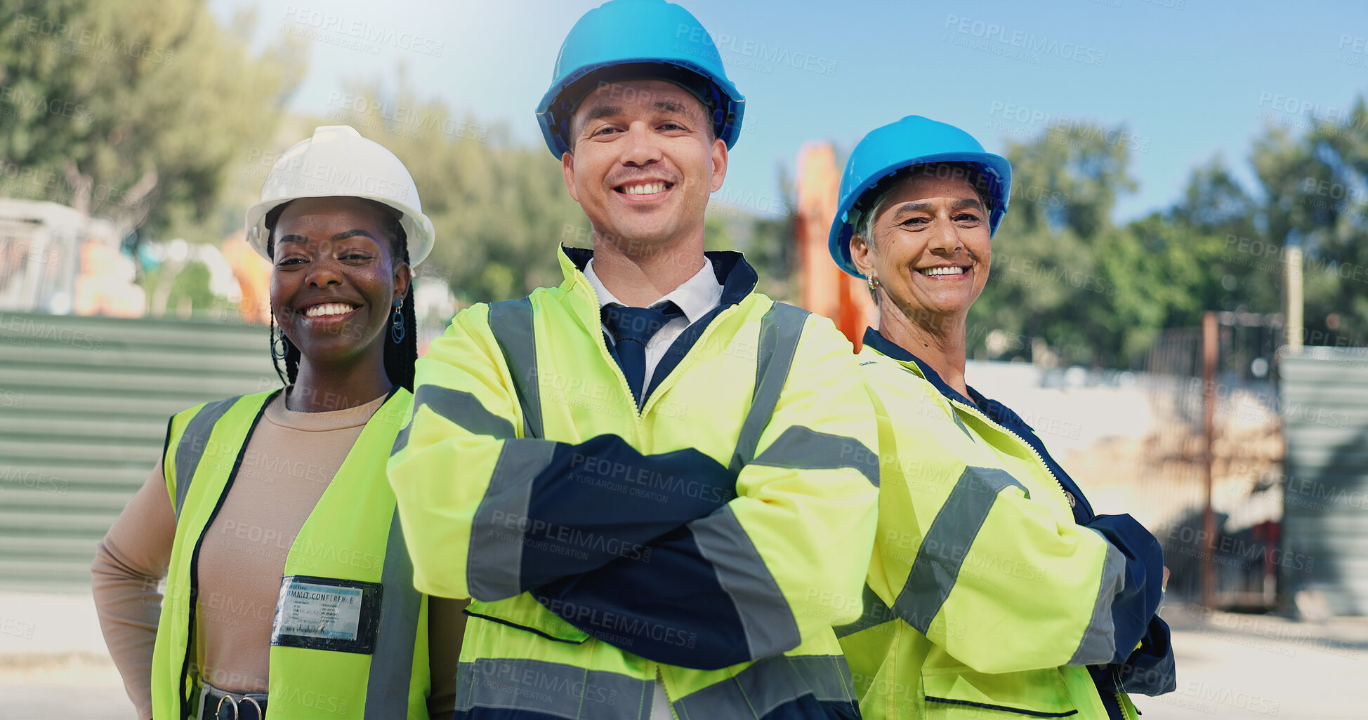 Buy stock photo Architect, team and arms crossed at construction site, portrait or pride for urban infrastructure development. People, technician or engineer with smile, group and project for property expansion