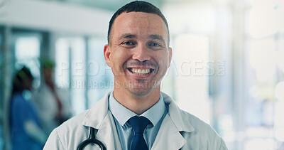 Buy stock photo Portrait, doctor and man in hospital, smile and career ambition with medical service. Person, cardiology and professional in clinic, happiness and confident personality with expert and research
