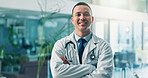 Portrait, man and doctor in hospital, arms crossed and smile with career ambition. Happy person, employee or professional in clinic, medical service or confident personality with expert or cardiology