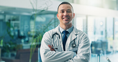 Buy stock photo Portrait, man and doctor in hospital, arms crossed and smile with career ambition. Happy person, employee or professional in clinic, medical service or confident personality with expert or cardiology