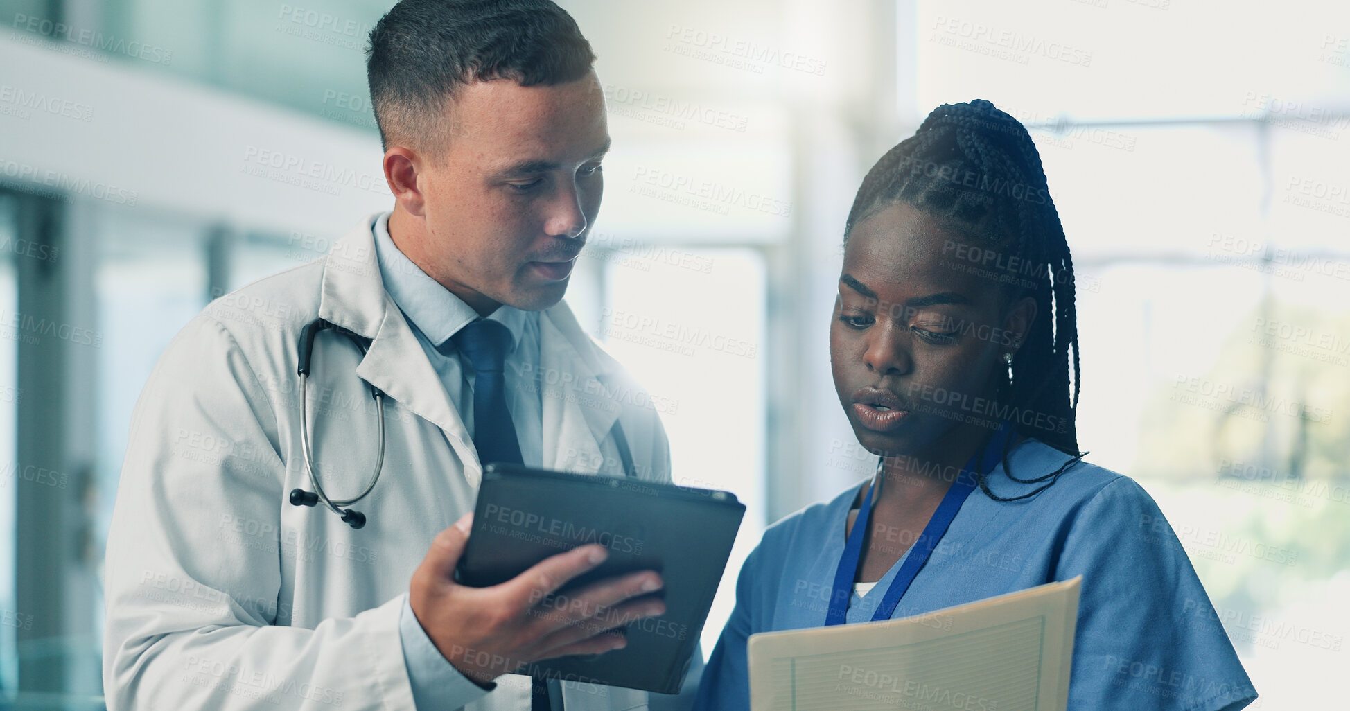 Buy stock photo Documents, medical or tablet with doctor and nurse in hospital for internship or learning. App, healthcare and paperwork with man and student woman in clinic for development, mentorship or training