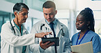 Doctors, group and tablet with discussion, feedback and results with medical research at hospital. Healthcare professional, man and woman with app, report and review with team for solution at clinic