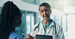 Collaboration, medical or tablet with doctor and nurse in hospital for internship or learning. App, healthcare and teaching with student and woman mentor in clinic for development or training