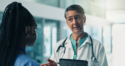 Buy stock photo Collaboration, medical or tablet with doctor and nurse in hospital for internship or learning. App, healthcare and teaching with student and mature woman mentor in clinic for development or training