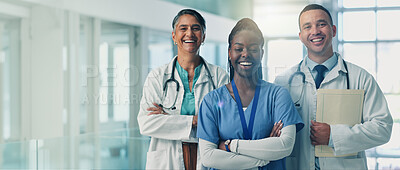 Buy stock photo Doctors, team and arms crossed in portrait, smile and pride for medical career in hospital corridor. Healthcare professional, women and man with solidarity, happy and services at wellness clinic