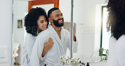 Buy stock photo Mirror, laugh and hug with couple in bathroom for hygiene,  morning routine and together in home. Funny joke, smile or happy with man, woman and reflection in apartment for love, beauty or bonding