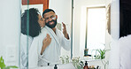 Mirror, kiss and hug with couple for skincare, morning routine and together in home bathroom. Funny joke, smile and lotion with man, woman and reflection in apartment for love, beauty or bonding