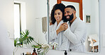 Mirror, smile and hug with couple in bathroom for hygiene,  morning routine and together in home. Wellness, embrace or happy with man, woman and reflection in apartment for love, beauty or bonding