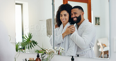 Buy stock photo Mirror, smile and hug with couple in bathroom for hygiene,  morning routine and together in home. Wellness, embrace or happy with man, woman and reflection in apartment for love, beauty or bonding