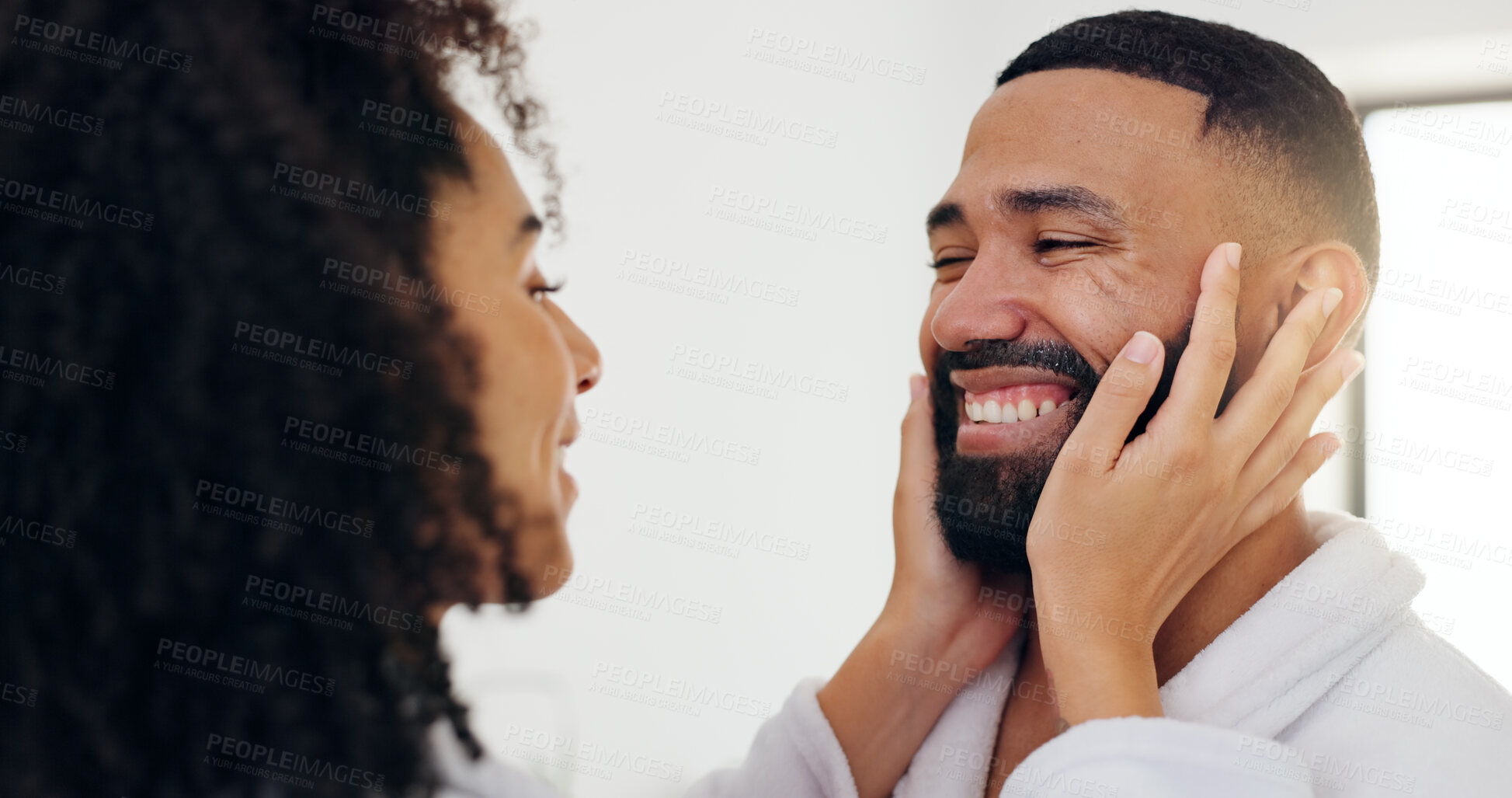 Buy stock photo Bathroom, smile and touching face with couple in home together for bonding, love or morning routine. Facial, satisfaction and skincare with happy people in apartment for beauty, grooming or hygiene